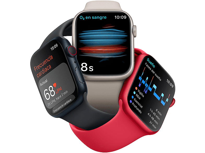 APPLE Watch Series 8 (2022), GPS, 45 mm, Caja de aluminio, Vidrio delantero Ion-X + Adaptador de corriente, USB-C de 20 W