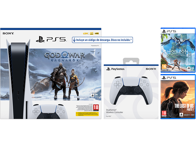 Consola - Sony PS5 Stand C, 825 GB (2 Mandos DualSense incluidos) + God Of War: Ragnarok (descarga) + Horizon Forbidden West + The Last Of Us: Part I