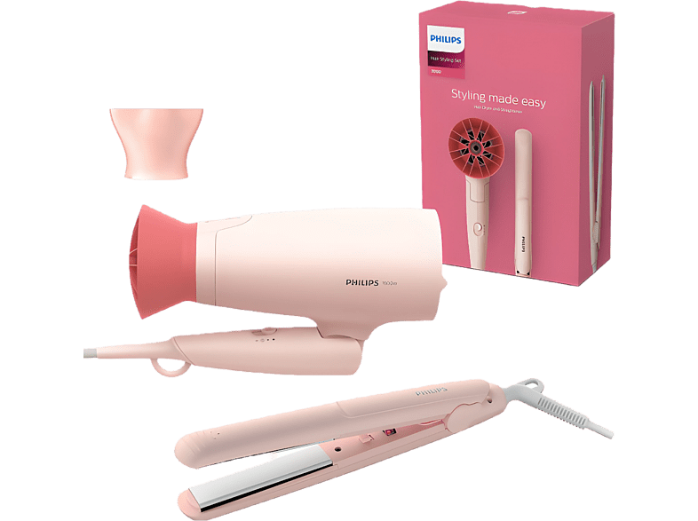 Secador - Philips BHP398/00, Set de secador y plancha, 1600 W, Accesorio ThermoProtect, Placas con queratina, Rosa