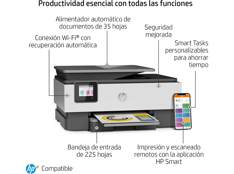 Impresora multifunción - HP OfficeJet Pro 8022e, WiFi, USB, Fax, color, 6 meses impresión Instant Ink con HP+