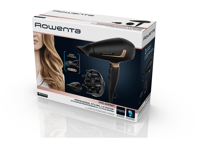 Secador - Rowenta Pro Expert CV8840F0, 2200 W, Motor AC, Tecnología iónica, 3 temperaturas, 2 velocidades, Negro y cobre