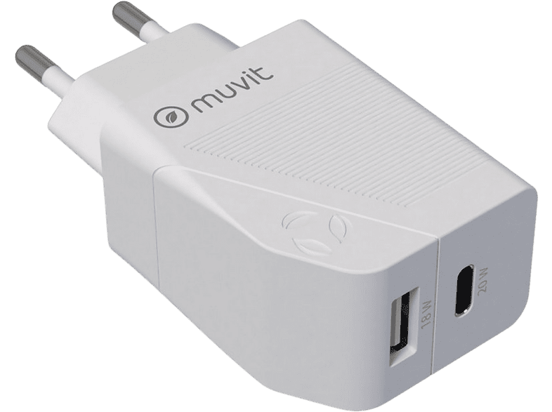Cargador - muvit MCACC0013, USB-A, USB-C, 20W, Blanco
