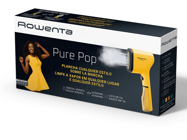 Cepillo de vapor - Rowenta Pure Pop DR2026D1, 1300 W, Salida vapor 20 g/min, 70 ml, Calentamiento 15 s., Elimina pelusas, arrugas y purifica, Amarillo