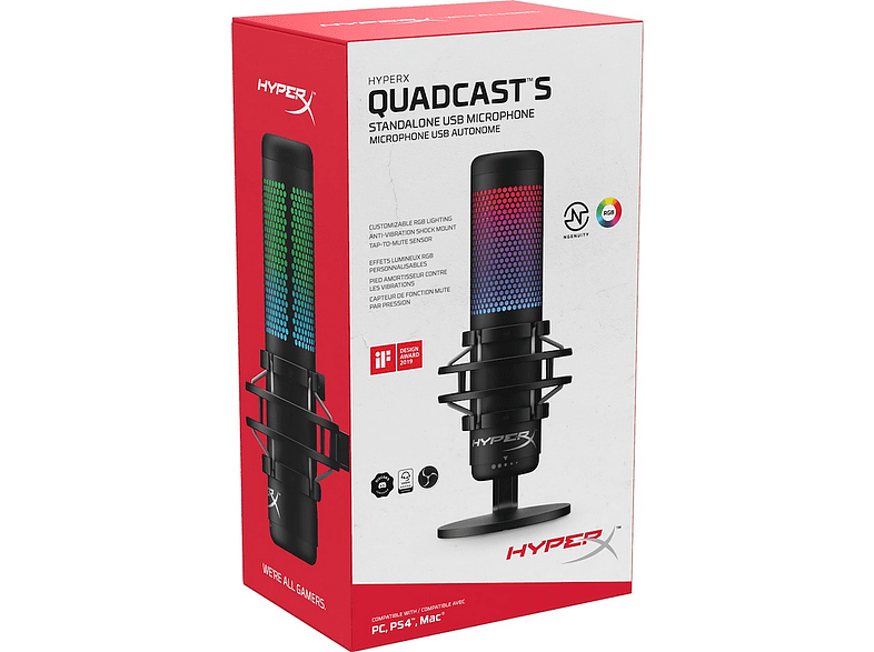 Micrófono - HyperX QuadCast S, USB, Para PC/PS4/Mac, Sensibilidad -36 dB, Negro
