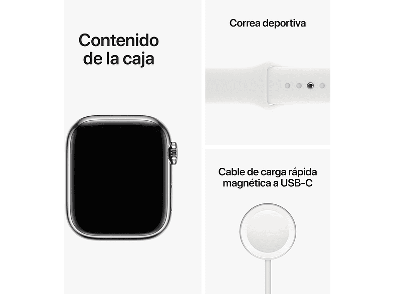 Apple Watch S8 (2022), GPS+CELL, 41 mm,  Caja de acero inoxidable, Vidrio delantero Ion-X, Correa deportiva plata