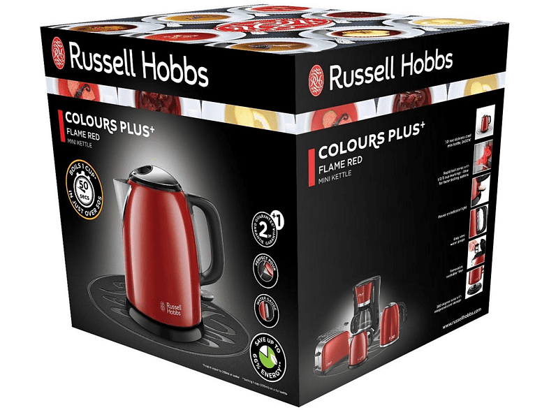Hervidor de agua - Russell Hobbs Mini ColourPlus 24992-70, 1 l, Base 360º, Apagado automático, Rojo