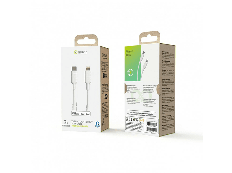 Cable USB - Muvit MCUSC0006, 1.2 m, 3 A, De USB-C a Lightning, Blanco