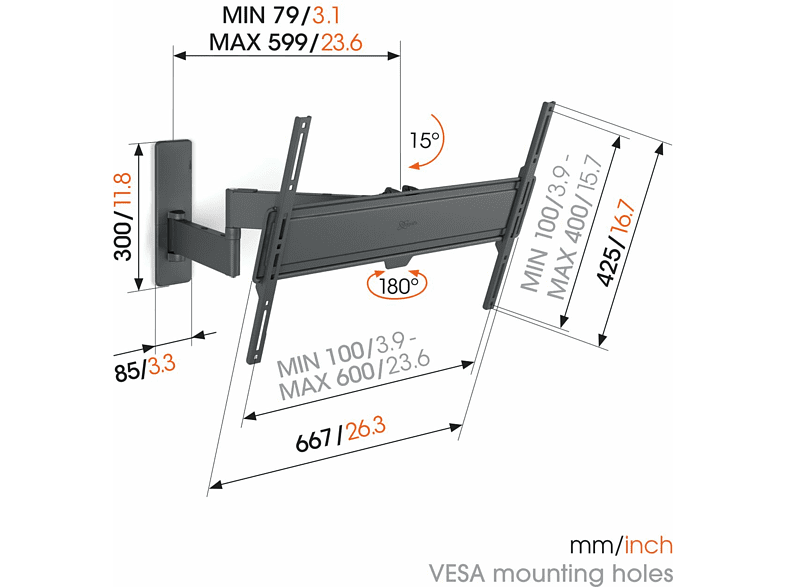 Soporte TV - Vogels TVM1649, 40 - 77, Giratorio 180º, VESA 100 mm x 100 mm - 600 mm x 400 mm, Negro