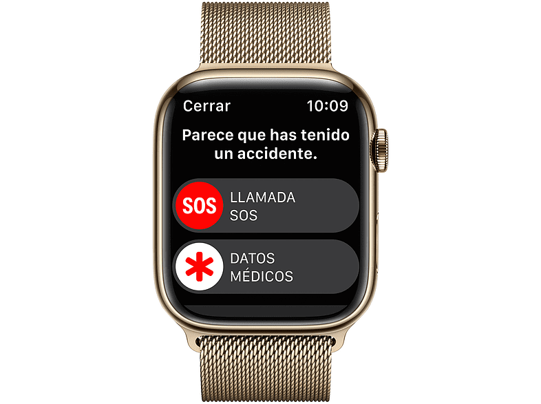 Apple Watch S8 (2022), GPS+CELL, 45 mm,  Caja de acero inoxidable, Vidrio delantero Ion-X, Correa Milanese loop oro