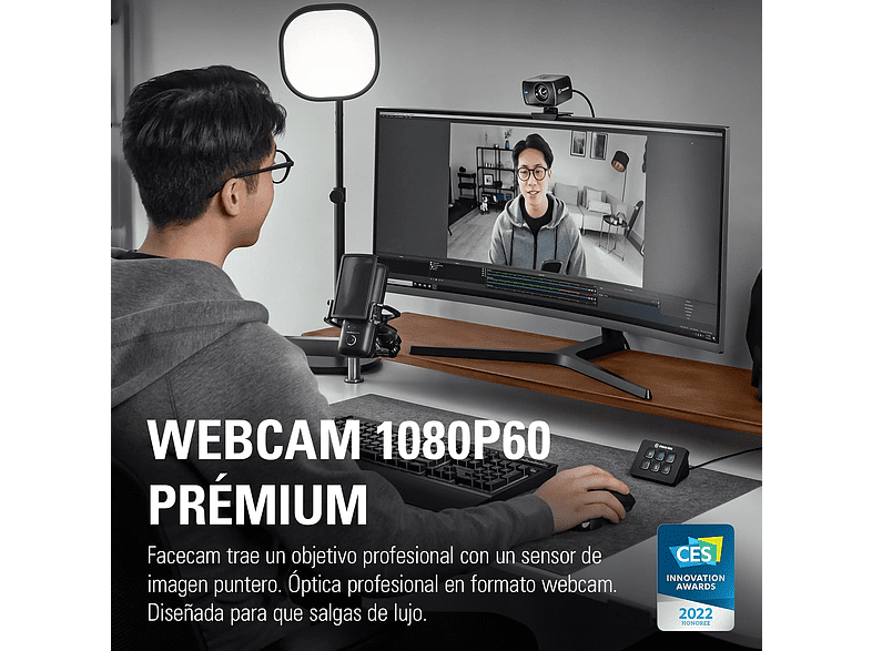 Webcam - elgato Facecam, Full HD, 1080p, Zoom óptico, 60 FPS, Sensor CMOS, Negro