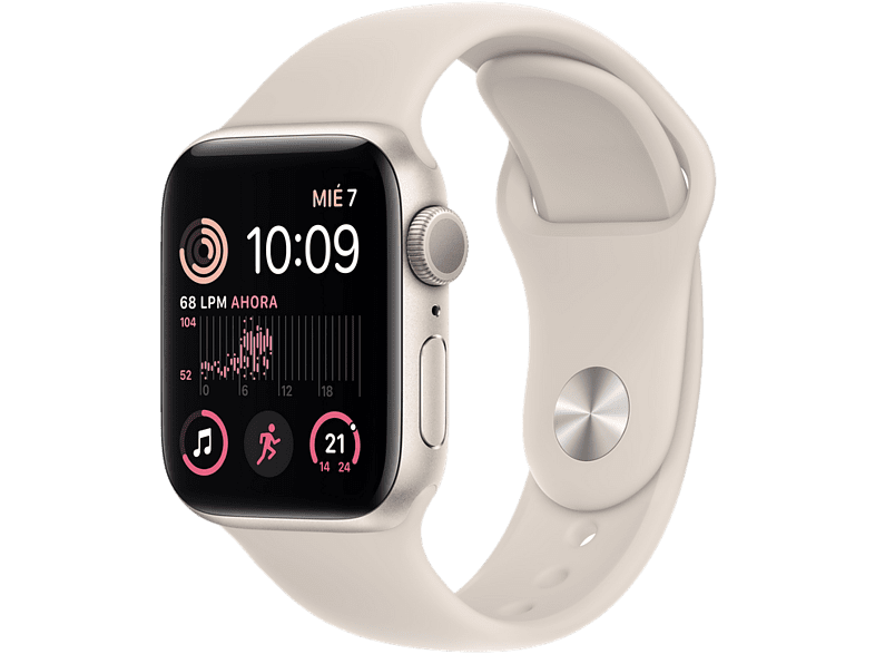 Apple Watch SE (2022), GPS, 44 mm, Caja de aluminio, Vidrio delantero Ion-X, Correa deportiva blanco estrella